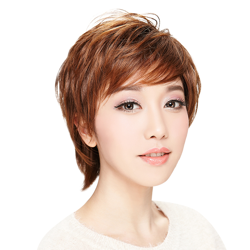 短直发假发 帅气发型 女蓬松微卷斜刘海整顶假发套 #10亚麻色