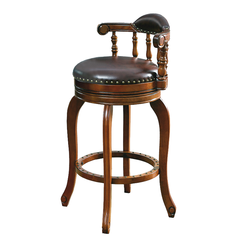 卡梵罗（KAFANLUO） 美式家用吧台椅旋转酒吧椅客厅小吧台 欧式实木吧椅 樱桃棕色皮（坐高610）