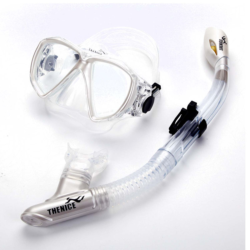 THENICE 浮潜三宝 面镜呼吸管 防雾大视野面镜 可配近视 液态硅胶全干式呼吸管 珍珠白 平光