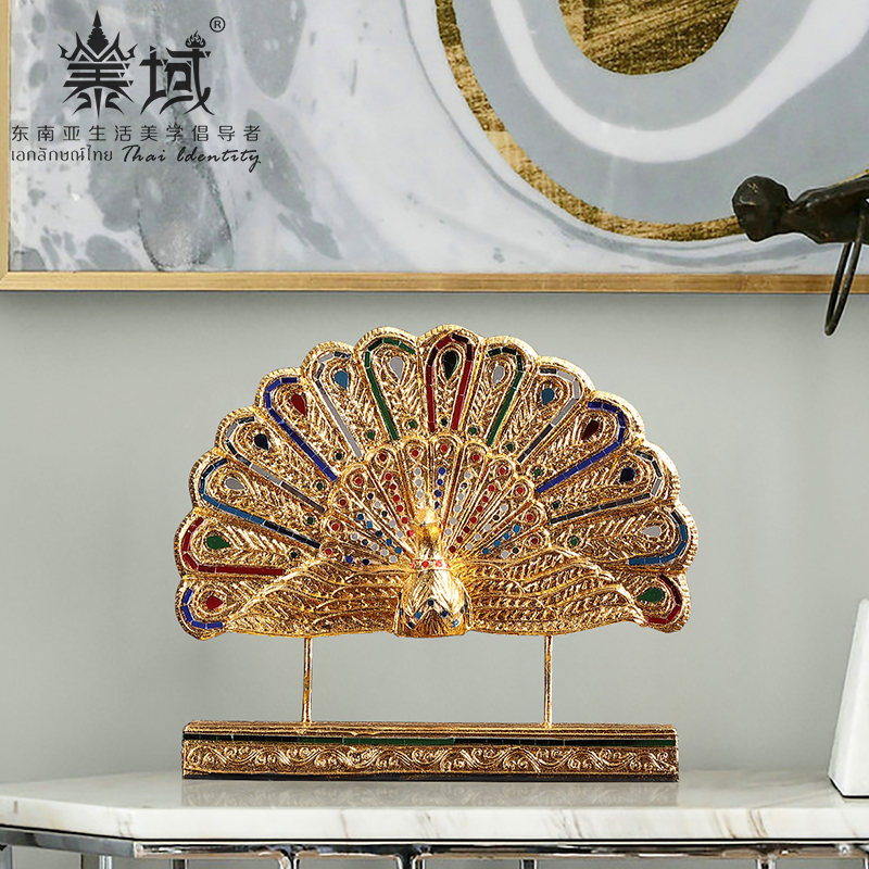 泰域 新中式客厅桌面摆件木雕孔雀开屏装饰品办公室玄关摆设艺术品