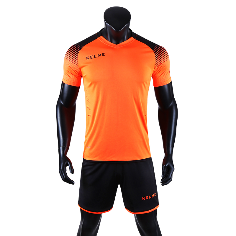 KELME卡尔美足球服短袖套装成人儿童比赛训练透气光板定制球衣 荧光橙黑 S