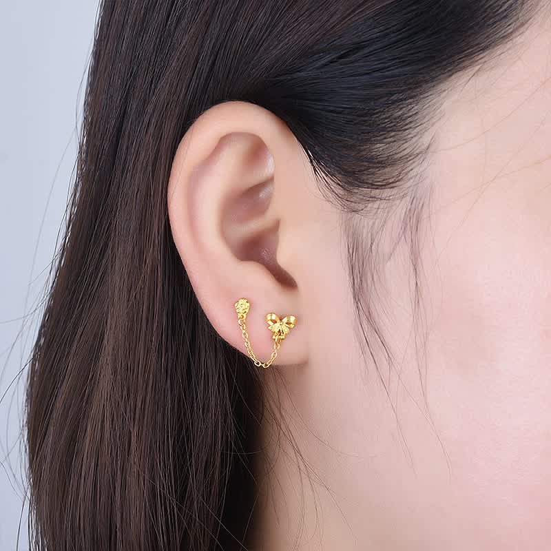 匠蕴黄金耳钉双耳洞花朵圆头足金999女黄金蝴蝶耳饰 蝶恋花耳钉   单