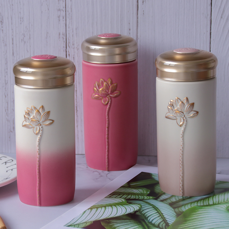 乾唐轩【官方授权】活瓷杯 清心福莲随身杯双层陶瓷荷花水杯送女士正品 刻字专用 备注颜色