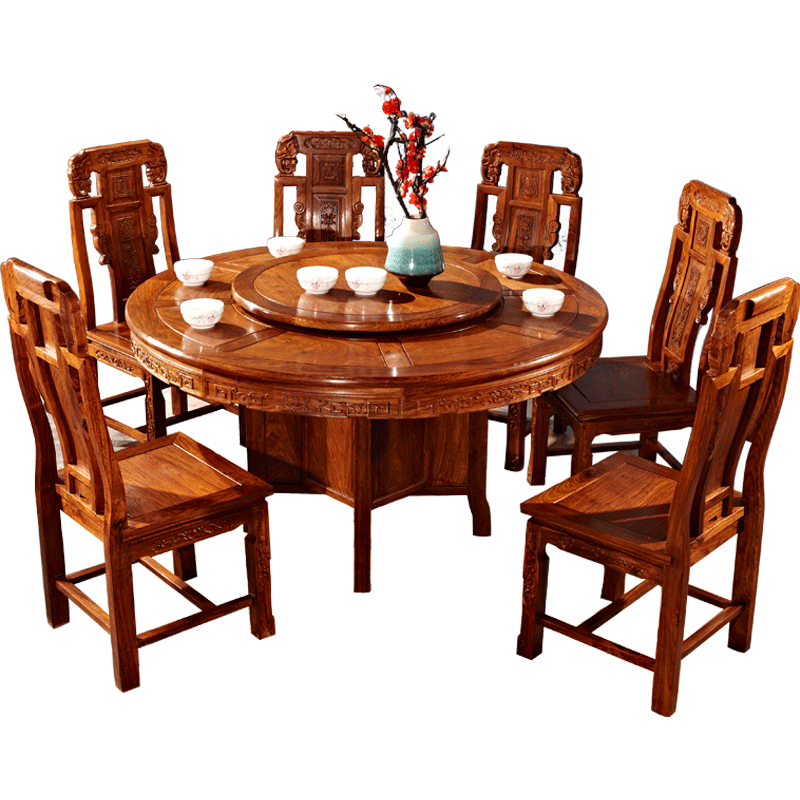 一舍红木家具非洲花梨(学名:刺猬紫檀)素面圆桌圆台实木餐桌椅组合新中式饭桌圆行吃饭桌中式简约餐台 1.58M餐桌+8象头餐椅