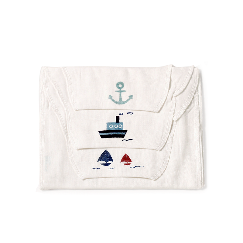 Purcotton 全棉时代 2100010716 婴幼儿纱布汗巾 3条 船锚+轮船+帆船 M