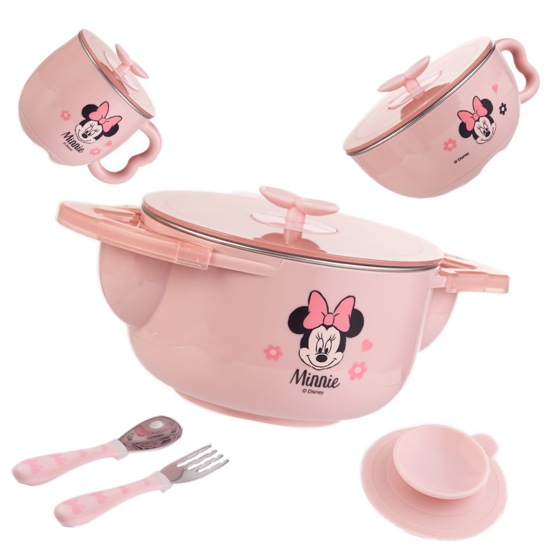 迪士尼（Disney）儿童餐具 婴儿注水保温碗 宝宝餐具套装辅食碗吸盘碗叉勺子【五件套】粉色米妮 316不锈钢