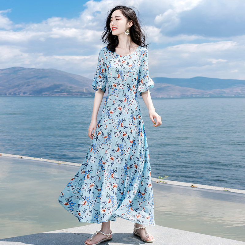 西子美丽心情夏季新款女装雪纺裙子收腰连衣裙长裙波西米亚沙滩裙海边