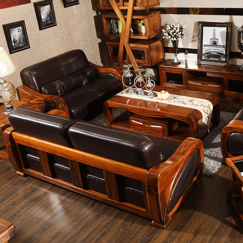 ailvju 新中式实木沙发客厅乌金木皮沙发 实木家具 乌金色 三人位