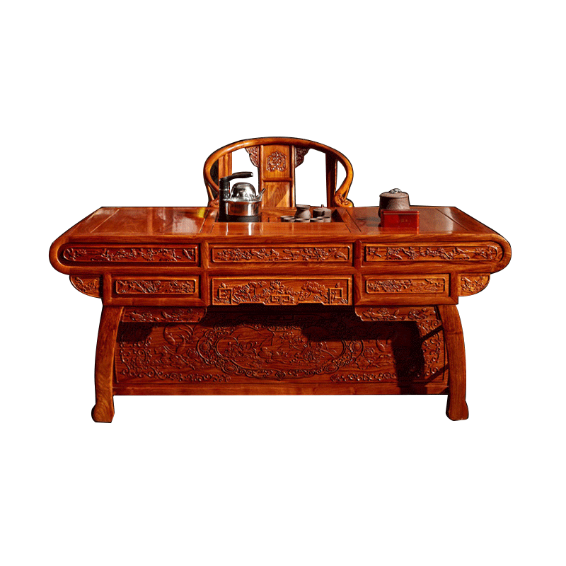 一舍 红木家具非洲花梨(学名:刺猬紫檀)茶桌椅组合实木功夫茶几桌泡茶茶台喝茶桌椅办公桌一体桌 1.75富贵茶桌