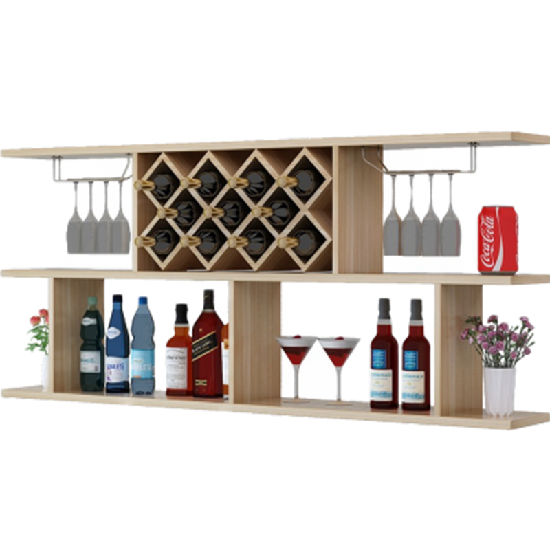 新款简约墙上酒柜酒架壁挂装饰架餐厅悬挂菱形格红酒架餐边柜 柚木色1.4米长8个酒格