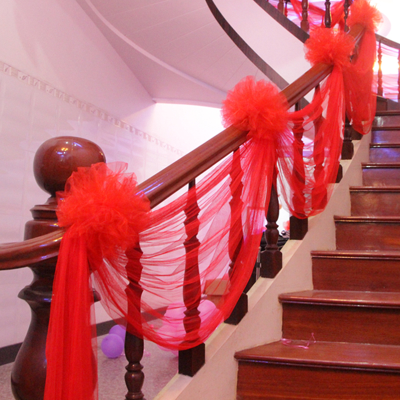 梦桥 婚房布置 结婚楼梯扶手装饰 婚礼庆拉花新房楼梯布置纱幔花球装饰 经典红