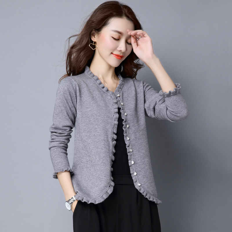 香影芬针织衫女开衫秋装新款女装短款长袖木耳边毛衣外套 灰色 s
