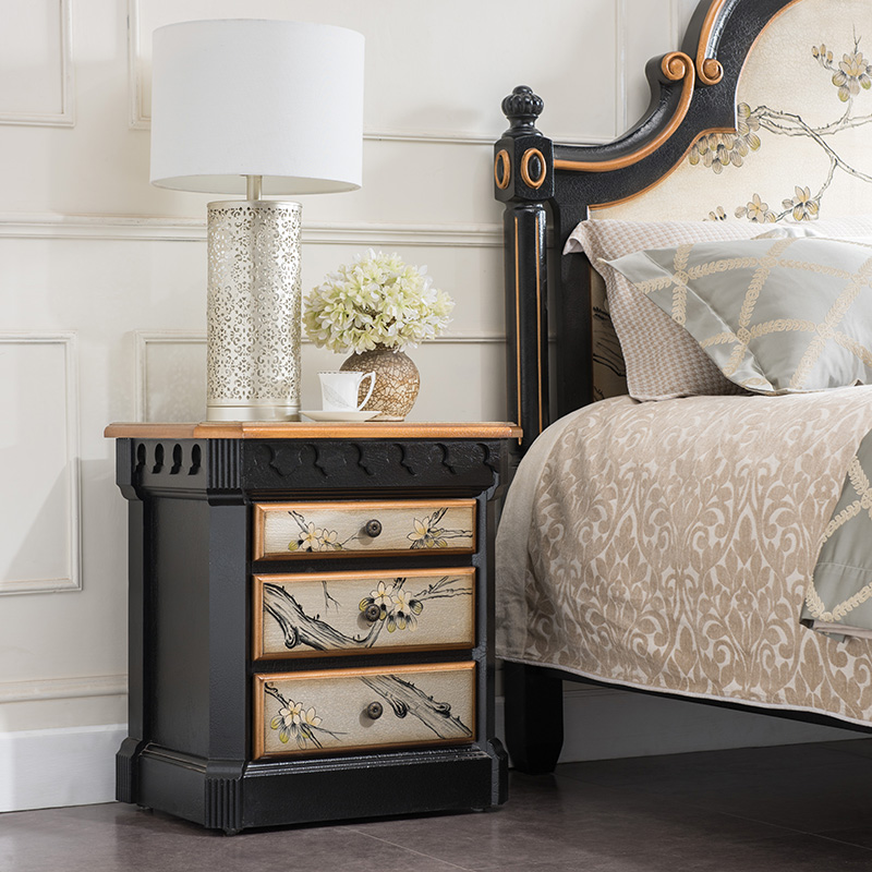 盛世锦木(spjm) 简约美式实木床头柜 橡胶木材质 裂纹烤漆 手工彩绘