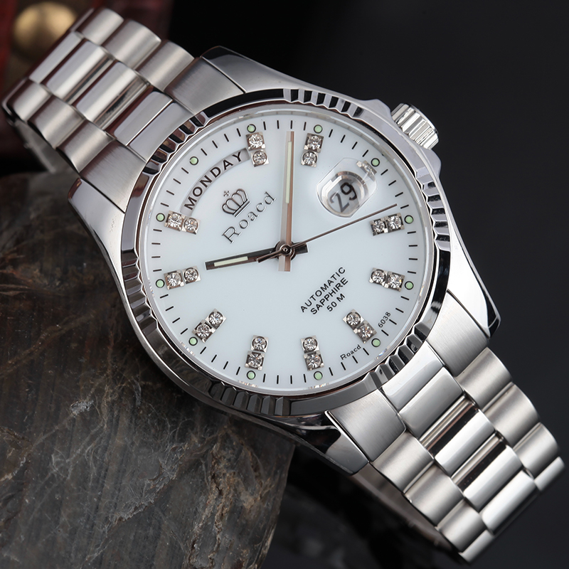 roacd瑞士注册国检双认证劳莱斯顿手表男士夜光日历镂空机械土豪金表