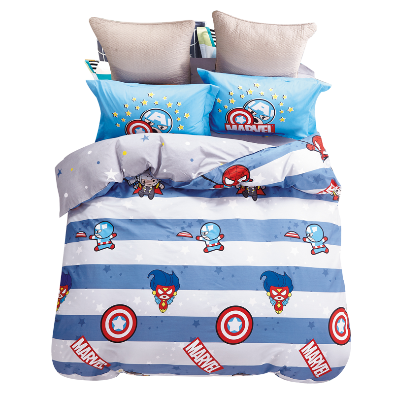 迪士尼（Disney）床品套件 儿童全棉卡通三件套 漫威卡哇伊条纹 活性印染 蓝色 1.2米床4131627