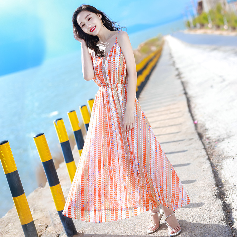 西子美丽心情夏季新品女装海边渡假沙滩裙显瘦吊带裙外穿雪纺连衣裙