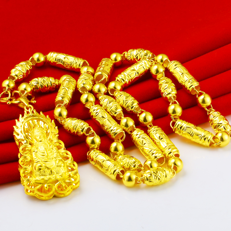 千影珠宝黄金项链男士男款女加长9999足金链子纯真金观音菩萨带火云边