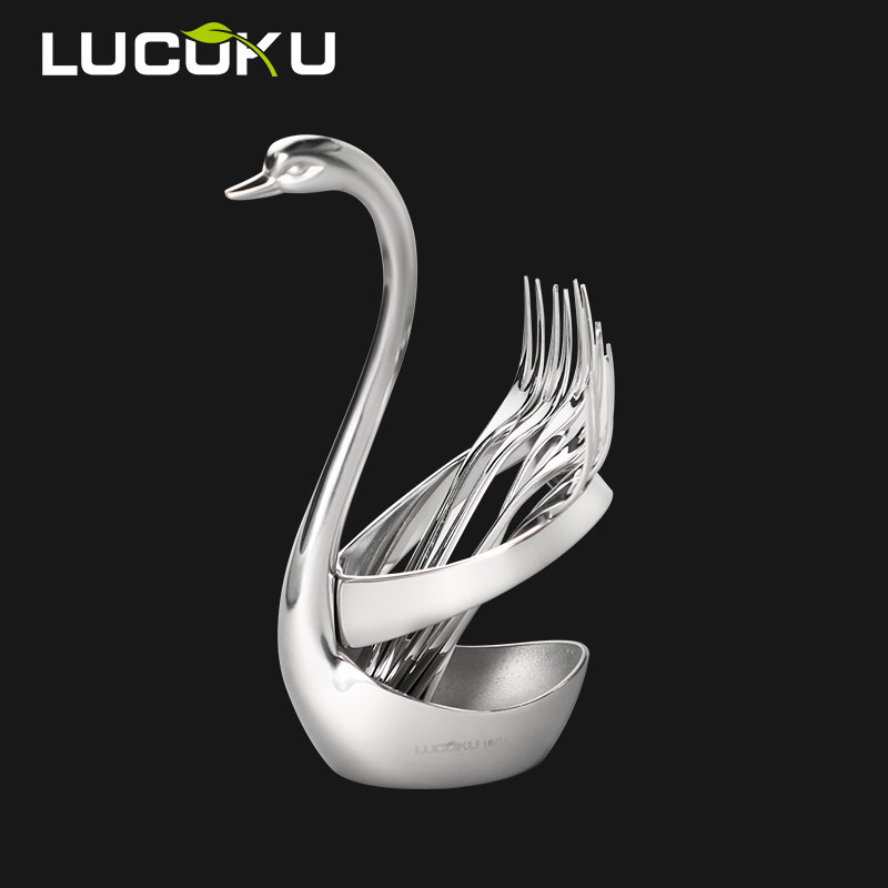 路卡酷（LUCUKU） 家用加厚304不锈钢水果叉天鹅座 创意可爱心形餐具收纳底座 白天鹅