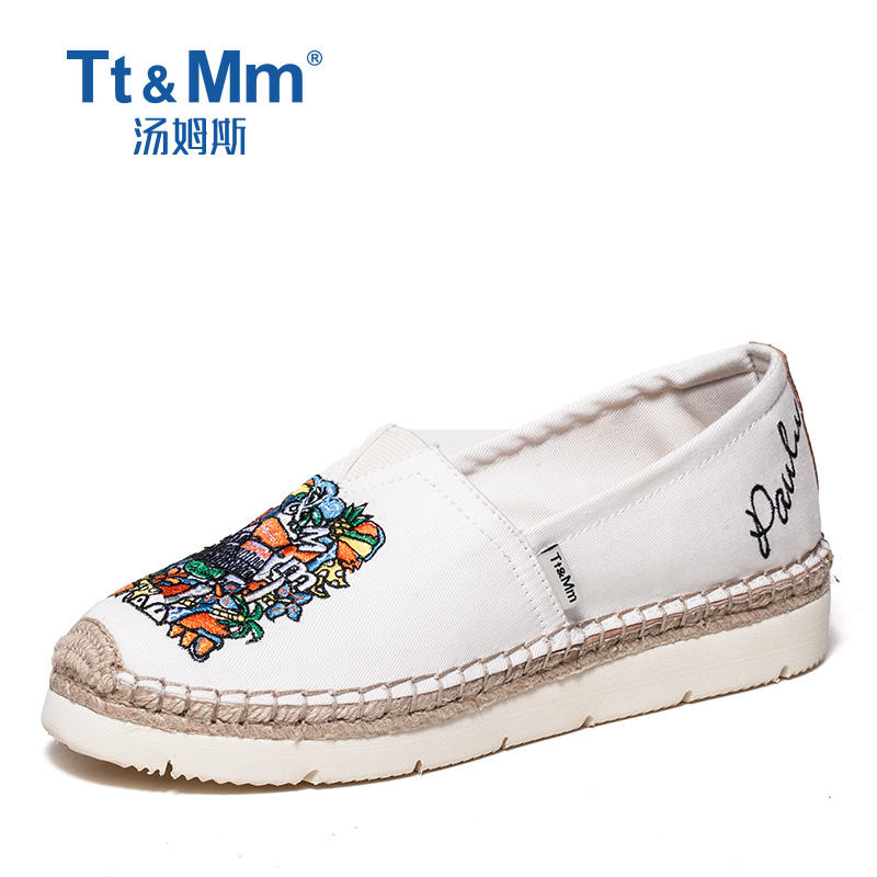 汤姆斯女鞋夏季帆布鞋女士草编渔夫鞋子平底单鞋时尚休闲鞋tm683206w