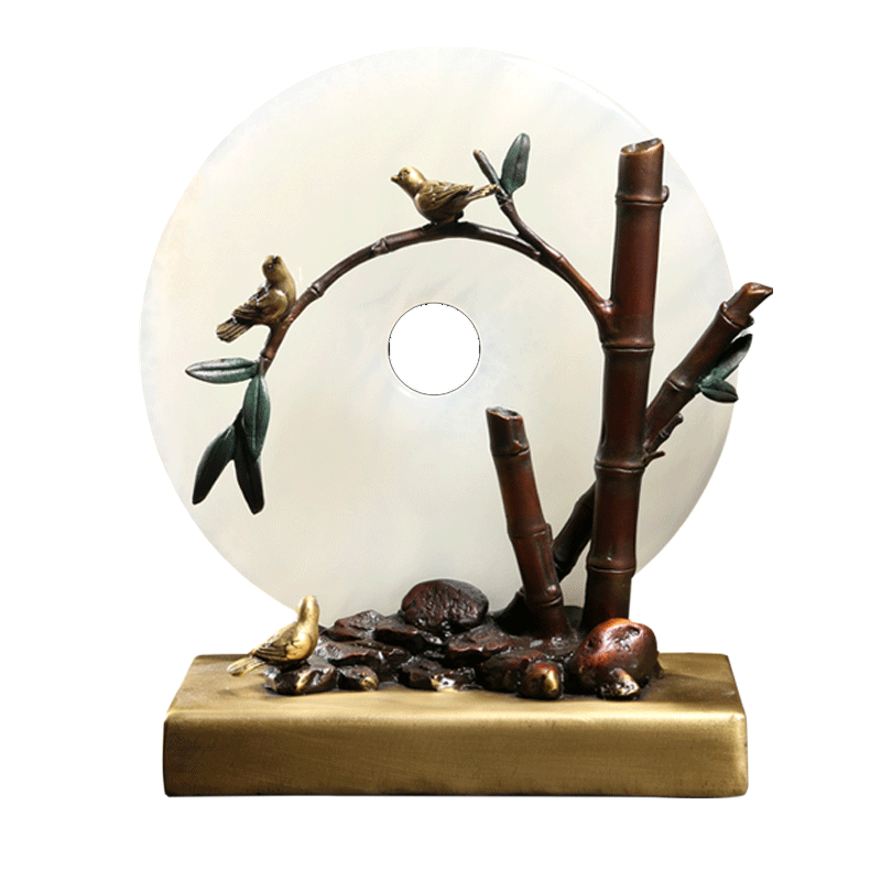 吉善緣 黃銅白玉平安扣擺件 家居喬遷新居禮品客廳工藝裝飾店鋪開業(yè)禮品 竹報(bào)平安(高23CM)