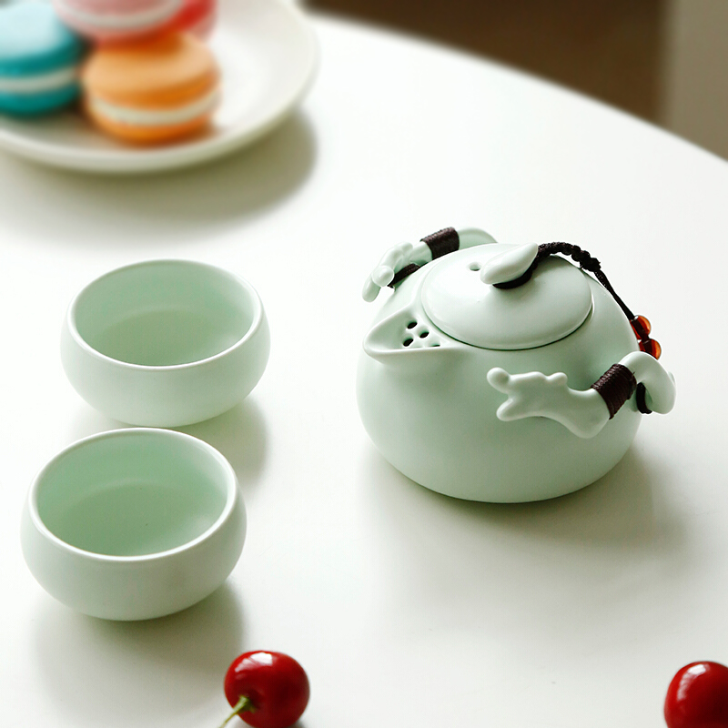 尚帝（shangdi） 旅行茶具套装便携快客杯陶瓷茶壶茶杯干泡茶盘 便携茶具 遨游粉青一壶二杯