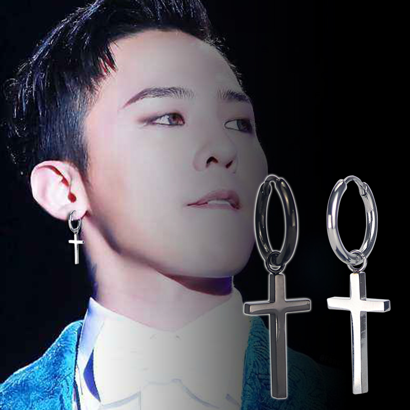 月蝶(yuedie)韩版时尚钛钢男士耳钉 带耳圈十字架耳环饰品韩国单只潮