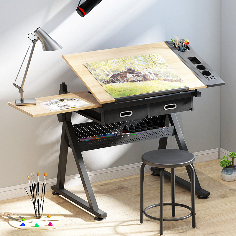佰泽 学生画桌家用折叠绘画桌升降画台美术桌画架子多功能学生写字书桌 出口型-多功能画桌+椅子