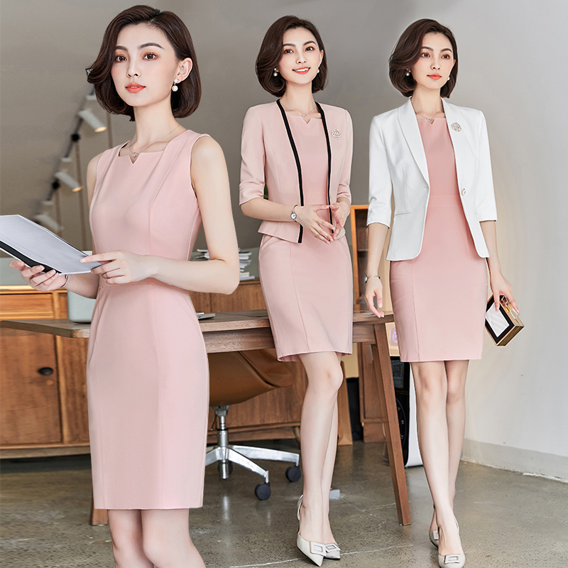 芭妃婭職業(yè)裝套裝女美容院工作服連衣裙小西裝正裝珠寶店美容院白領(lǐng)空姐制服工裝 粉紅色連衣裙 S