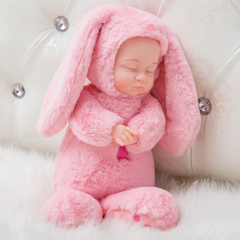 快乐音符儿童仿真婴儿睡眠娃娃毛绒玩偶会发声娃娃安抚陪睡软胶闭眼布娃娃 粉色毛绒长耳兔（会唱歌+说话） 40厘米