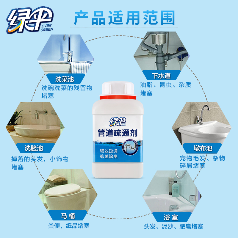 绿伞管道疏通剂 马桶下水道管道 厨房厕所 强效疏通 防堵塞 500g*2瓶 | 抑菌除臭