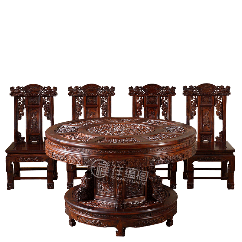 祥蕴阁红木家具 印尼黑酸枝(学名:阔叶黄檀)百狮餐桌椅组合中式实木饭桌 158配8把椅子