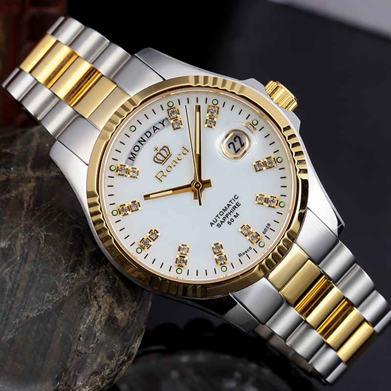 roacd瑞士注册国检双认证劳莱斯顿手表男士夜光日历镂空机械土豪金表