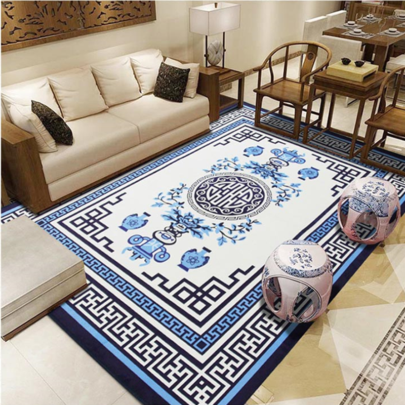 艾虎客厅地毯 新中式复古风格沙发茶几地毯吸水防滑隔音降噪环保材质 可裁剪可水洗可定制 青花瓷瓷器款 1.6x2.3米