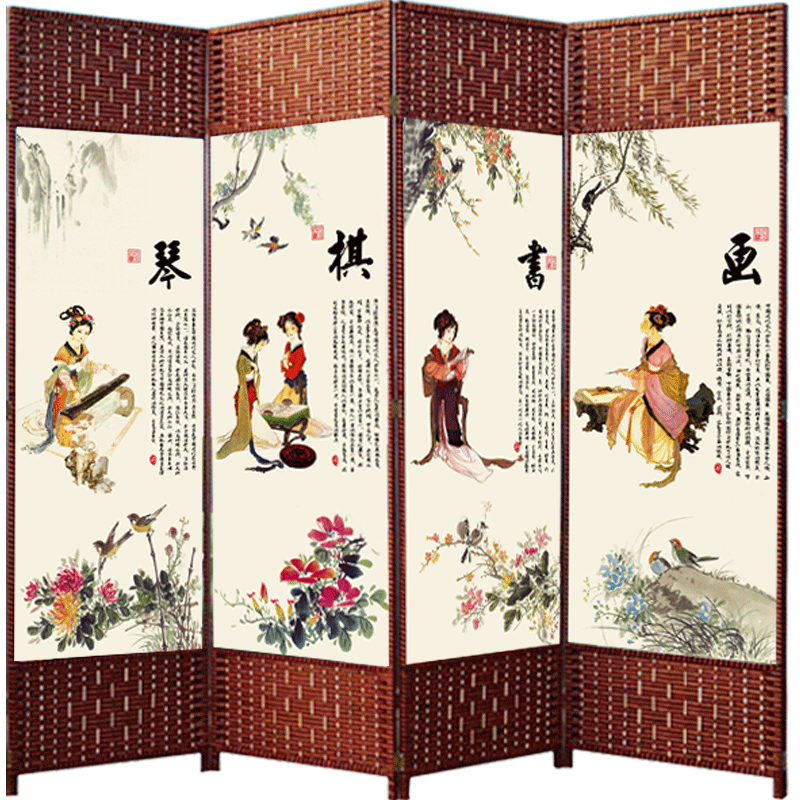 祥朗现代中式实木布艺屏风隔断折屏座屏移动玄关现代简约卧室客厅酒店养生馆屏风帘隔断玄关遮挡屏风 琴棋书画 1.8米高X0.5米宽单面图案一扇价格