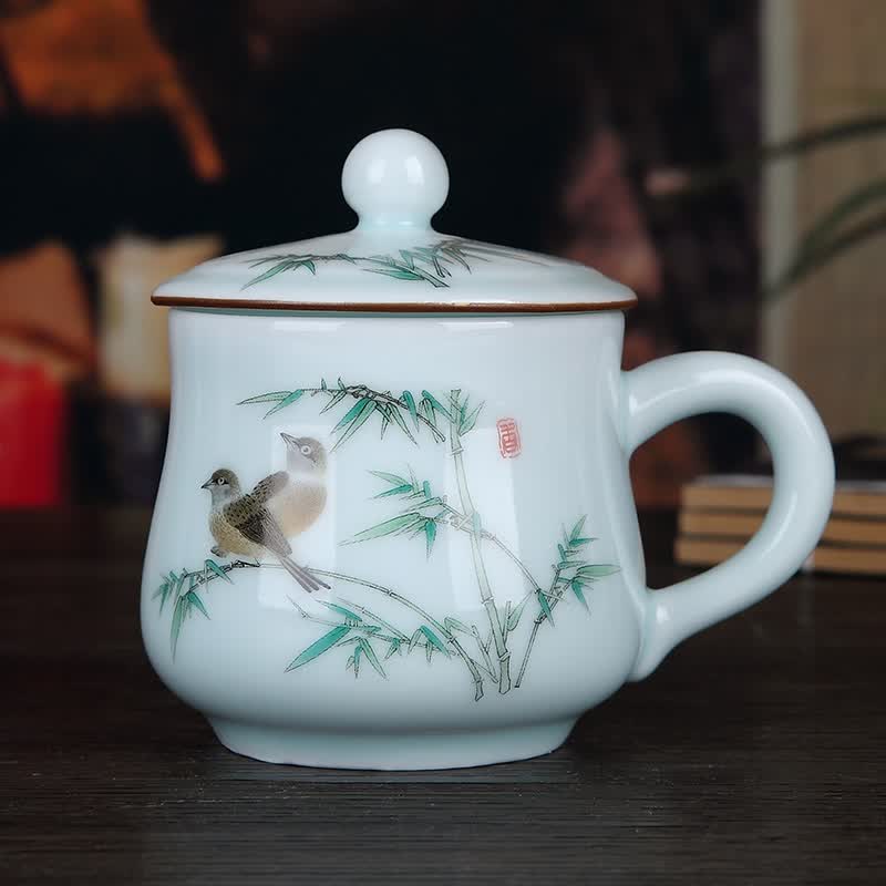 景德镇陶瓷茶杯带盖有手柄青瓷办公水杯350ml 竹韵清香
