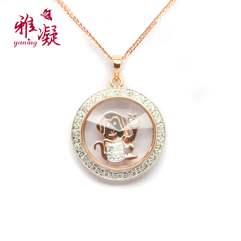 雅凝珠宝 定制红18k金钻石吊坠女 生肖猴 时来运转彩金钻坠 彩金吊坠
