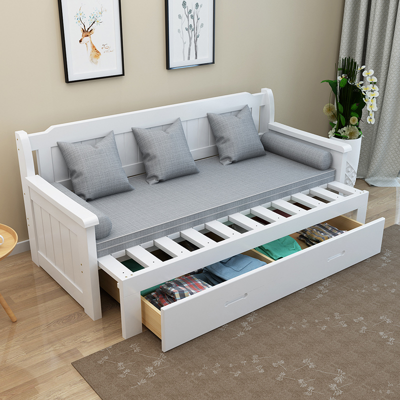 呈美轩 实木沙发床可折叠小户型多功能1.5米推拉坐卧两用1.2米1.8米沙发 白色 拉开120*200（送6件套）