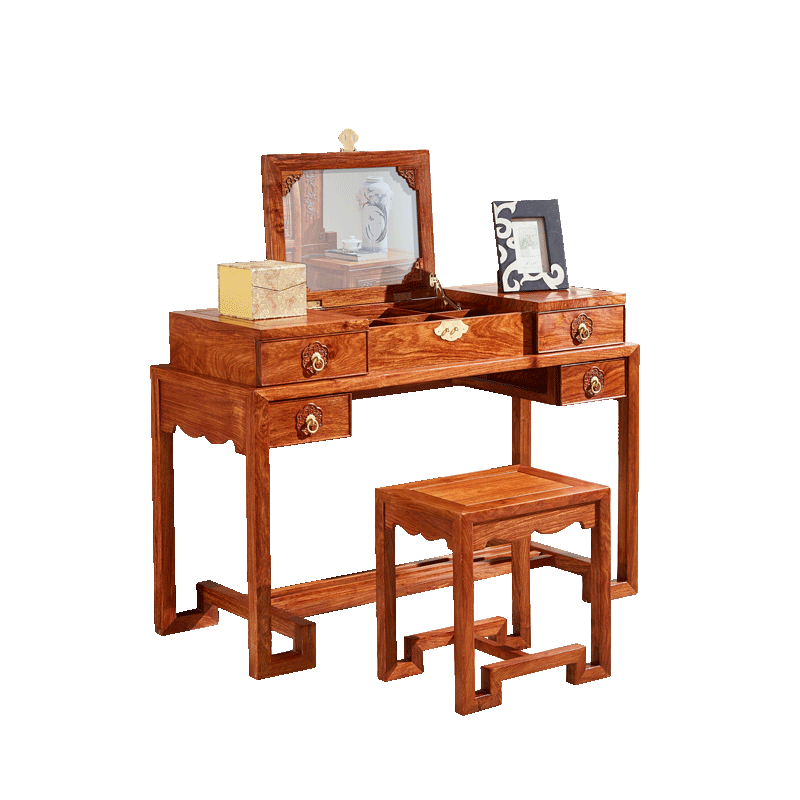 皇印 红木家具非洲花梨(学名刺猬紫檀)实木梳妆台中式古典翻盖化妆台卧室家具2718 梳妆台+妆凳
