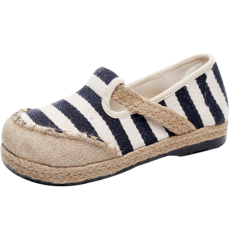 娟的絹棉麻大頭女式老北京布鞋圓頭平底一腳蹬懶人鞋女士大碼草編漁夫鞋 黑色 38