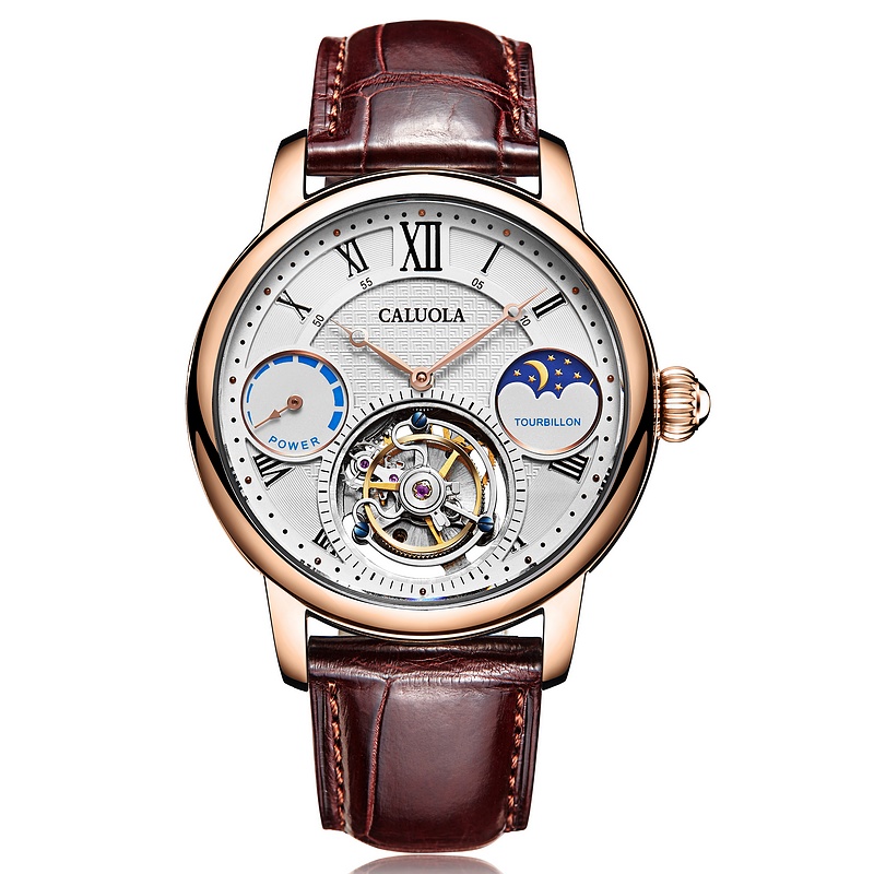 卡罗莱(caluola)陀飞轮镂空机械表多功能男士手表真皮带防水男表商务