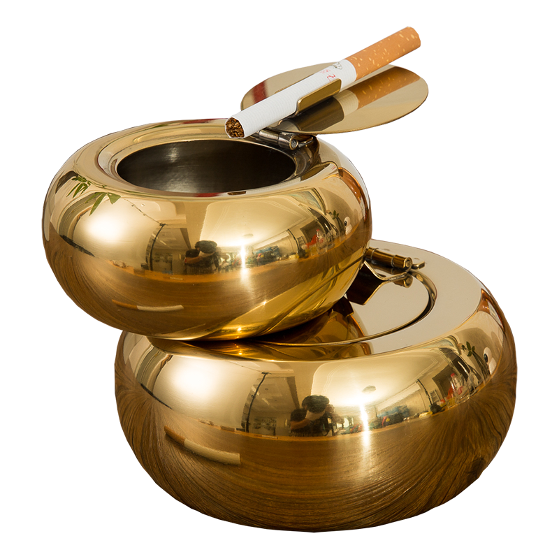 诺爵 鼓形不锈钢烟灰缸防风带盖烟缸时尚个性金属烟盅创意礼品客厅摆件 鼓形金色大号烟缸