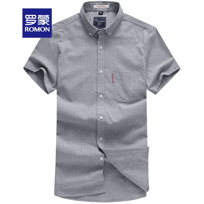 罗蒙（ROMON）短袖衬衫男休闲夏季新款中青年牛津纺翻领纯色半袖衬衣男装上衣 CS18HF4001 浅灰 38
