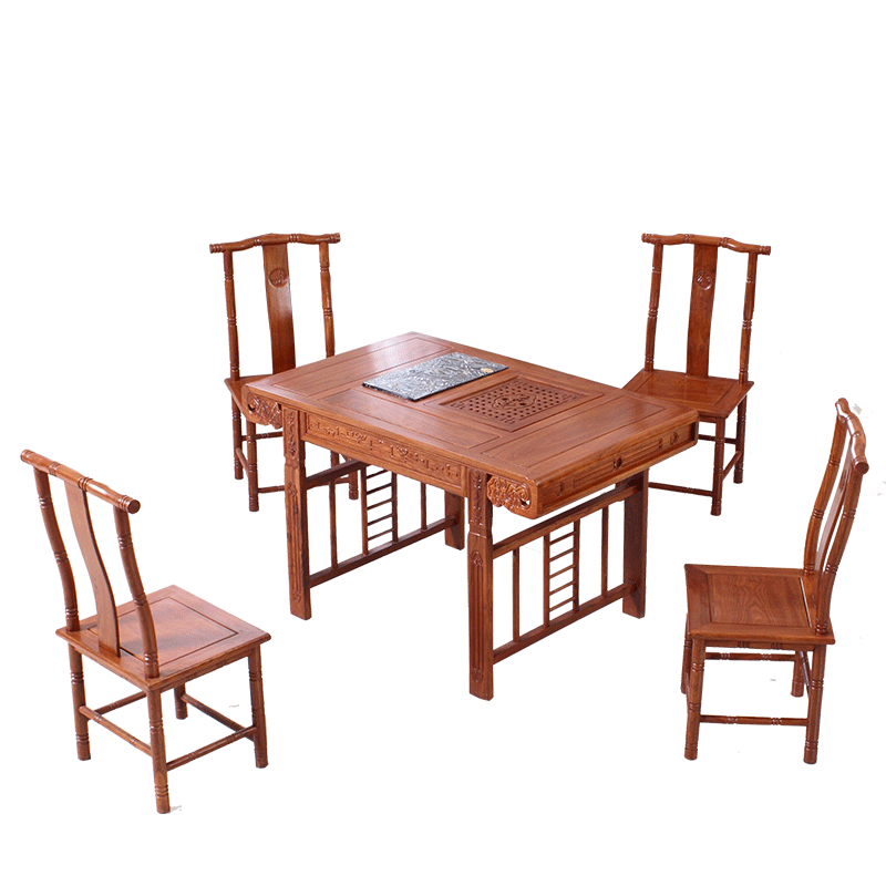 木中央 红木家具 非洲花梨(学名:刺猬紫檀)中式茶桌 茶台 小户型功夫茶桌椅组合仿古泡茶台茶馆茶艺桌 茶桌+4椅(带电磁炉)