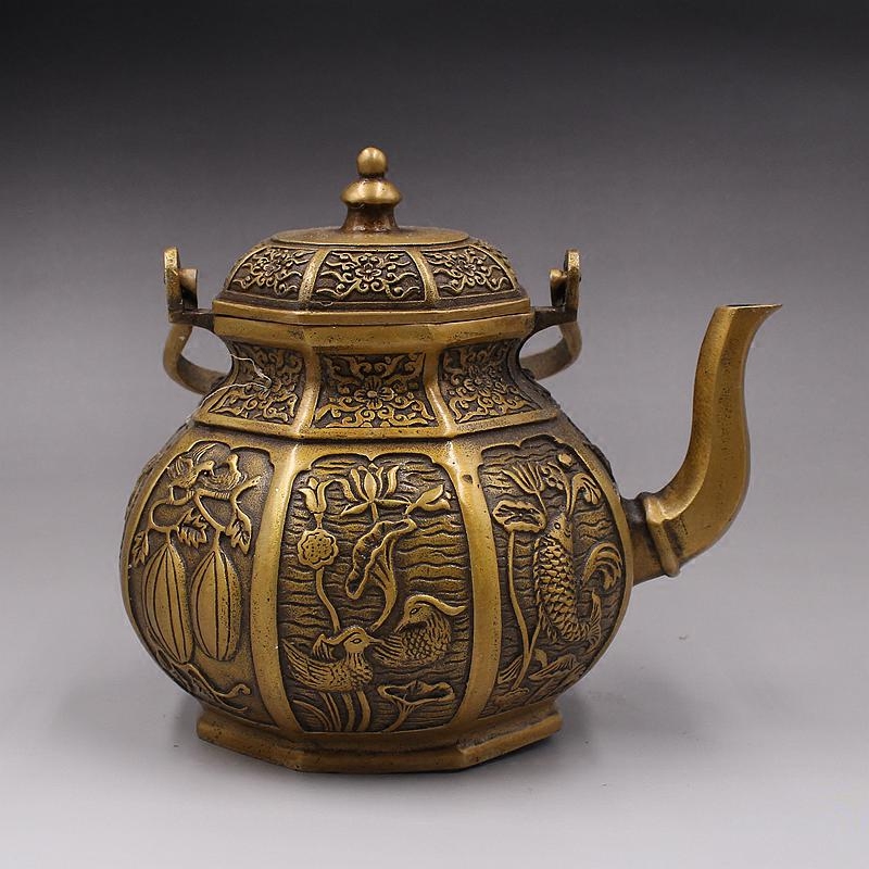 古玩杂项仿古收藏铜水壶酒壶家居装饰工艺品黄铜酒壶摆件手提壶家居