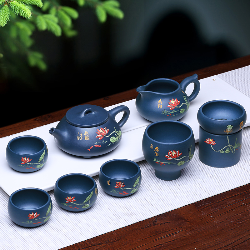 茗茶艺壶 紫砂壶宜兴名家纯全手工茶壶家用泡茶壶茶具套装 荷趣石瓢套装