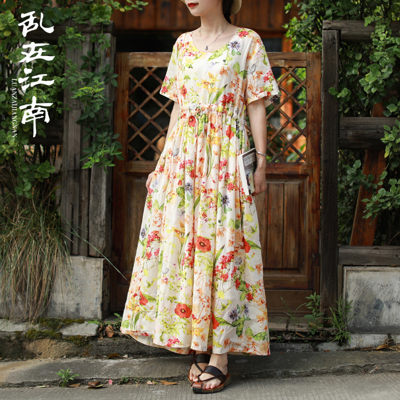 江南民族风印花棉麻连衣裙女夏季新品高腰褶皱系带优雅裙文艺清新女装