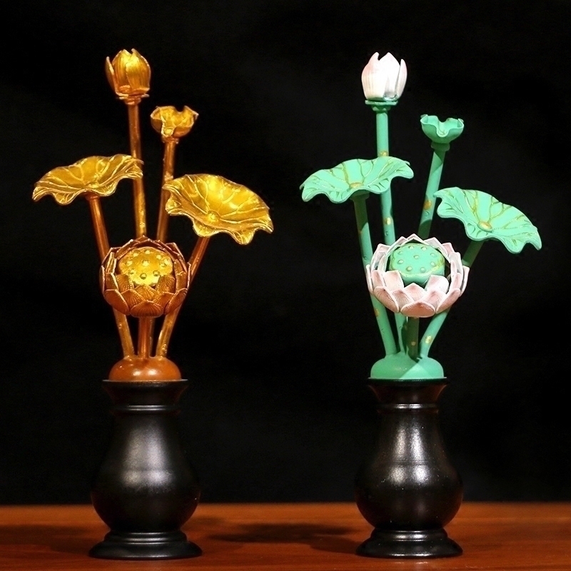 圆通工艺 佛前供佛莲花束仿真花瓶纯铜鎏金彩绘荷花佛堂摆件用品工艺