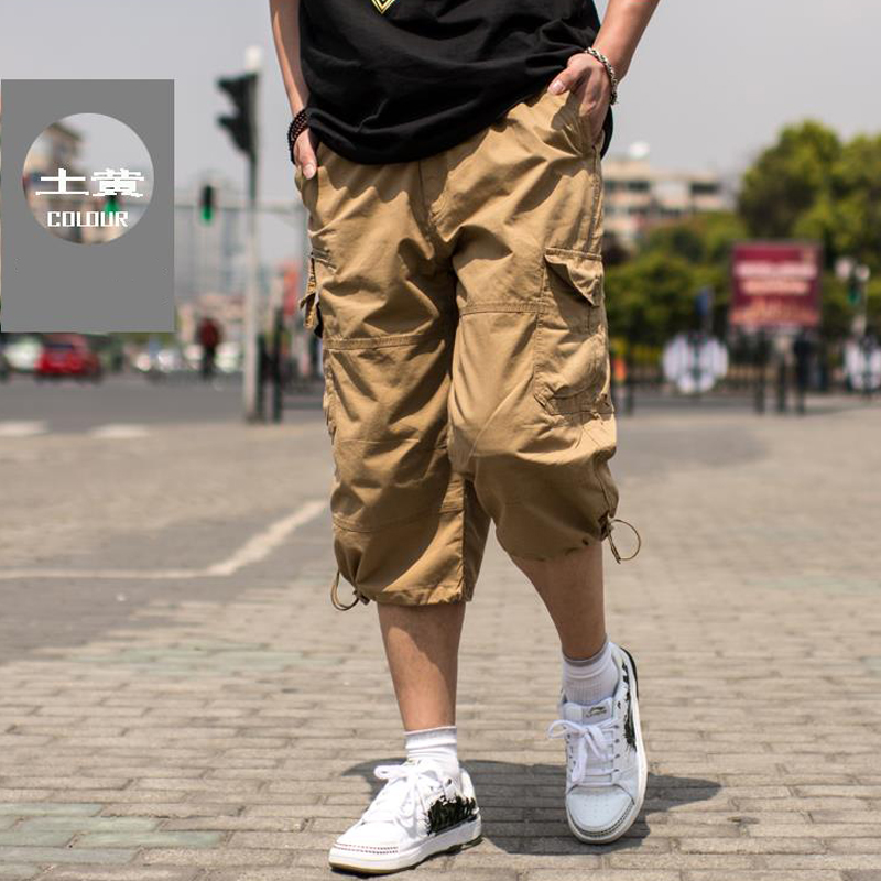 工装中裤宽松直筒运动短裤多口袋休闲马裤 土黄色 xxl(腰围2尺8-2尺9)