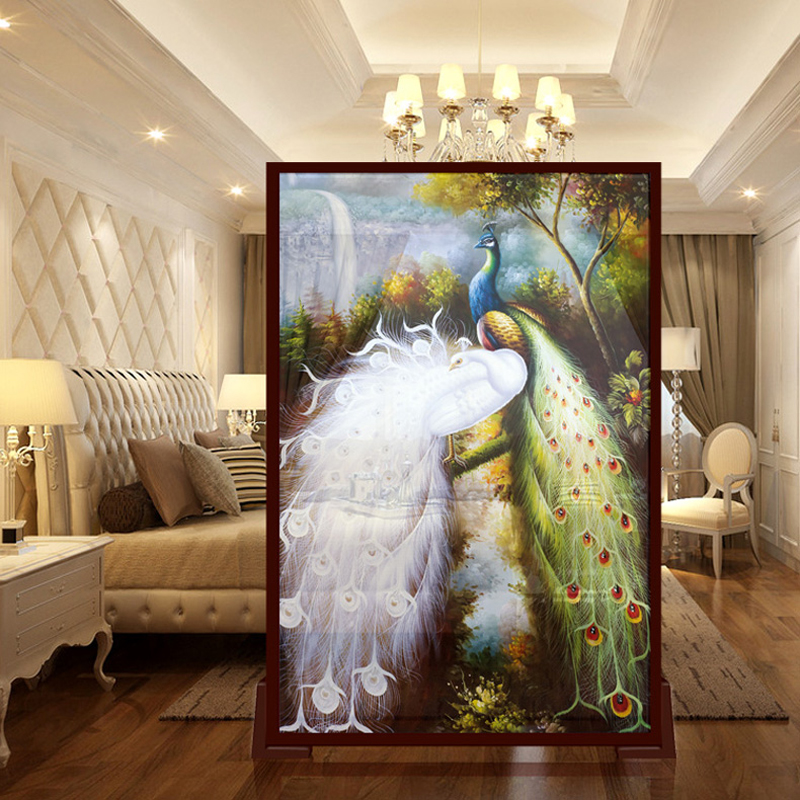 美式客厅玄关隔断帘双面屏风 吉祥孔雀 100*180cm半透  胡桃木边框