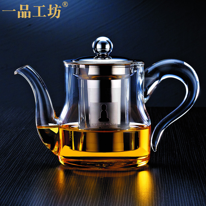 一品工坊 耐高温加厚玻璃茶壶过滤耐热泡茶壶花茶壶家用茶具茶杯套装 引泉壶380ML